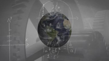 Matematiksel veri işlemenin dünya üzerindeki animasyonu. Dijital olarak oluşturulmuş küresel yapay zeka, bağlantılar, hesaplama ve veri işleme kavramı.