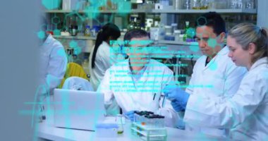 Kimyasal formülün animasyonu ve çeşitli deneyler yapan bilim adamlarının veri işlemesi. Küresel bilim ve dijital arayüz kavramı dijital olarak oluşturulmuş video.