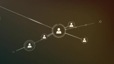 Koyu arkaplandaki insan simgeleriyle bağlantı ağının canlandırılması. Dijital olarak oluşturulmuş küresel bağlantılar, hesaplama ve veri işleme kavramı.