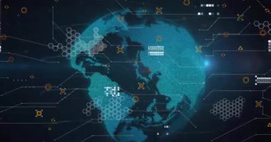 Karanlık arka planda dijital veri işleme animasyonu. Dijital olarak oluşturulmuş küresel bağlantılar, hesaplama ve veri işleme kavramı.