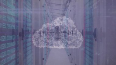 Bilgisayar sunucularında bulut ve dijital veri işleme animasyonu. Küresel bağlantılar, bulut hesaplama ve veri işleme kavramı dijital olarak oluşturulmuş video.