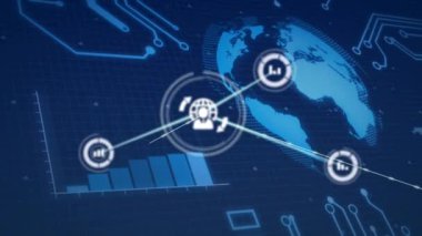 Diyagram ve dünya üzerindeki simgelerle bağlantı ağının animasyonu. Teknoloji ve dijital arayüz kavramı dijital olarak oluşturuldu.