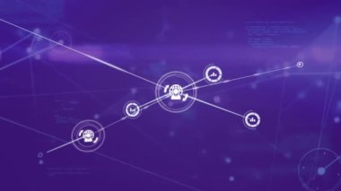 Mor arkaplan üzerinde dünya simgeleriyle bağlantı ağının animasyonu. Küresel iş, finans, bağlantılar, hesaplama ve veri işleme kavramı dijital olarak oluşturulmuş video.