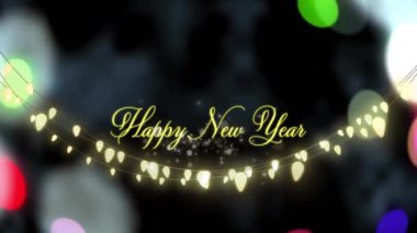 Düşen ışık noktalarıyla ilgili mutlu yeni yıl metninin animasyonu. Yeni yıl ve dijital arayüz kavramı dijital olarak oluşturulmuş video.