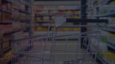 Alışveriş arabasının üzerindeki veri işleme ve diyagramların animasyonu. Teknoloji, alışveriş ve dijital arayüz kavramı dijital olarak oluşturulmuş video.