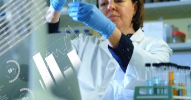 Kafkas kadın bilim adamının laboratuvarda bilimsel veri işleme animasyonu. Küresel bilim, bağlantılar, hesaplama ve veri işleme kavramı dijital olarak oluşturulmuş video.