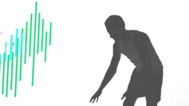 Basketbolcu üzerinden finansal veri işleme animasyonu. Küresel spor, finans, iş, bağlantılar, bilgisayar ve veri işleme kavramı dijital olarak oluşturuldu.