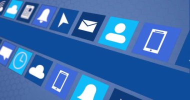 Mavi arkaplan üzerinde simgeler ve dijital veri işleme animasyonları. Dijital olarak oluşturulmuş küresel bağlantılar, hesaplama ve veri işleme kavramı.