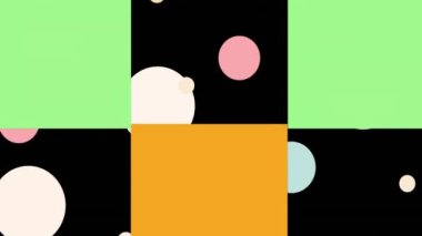 Hareket eden renkli şekillerin canlandırması ve siyah arkaplanda beyaz noktalar. Küresel teknoloji ve soyut arkaplan kavramı dijital olarak oluşturuldu.