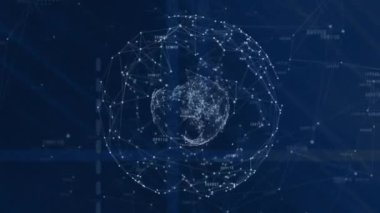 Bağlantılar ve mavi arka planda dünya ile dijital veri işleme animasyonları. Dijital olarak oluşturulmuş küresel bağlantılar, hesaplama ve veri işleme kavramı.