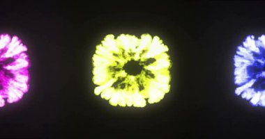 Siyah arka planda renkli tozların canlandırılması. Şekiller, hareket ve arkaplan konsepti dijital olarak oluşturulmuş video.