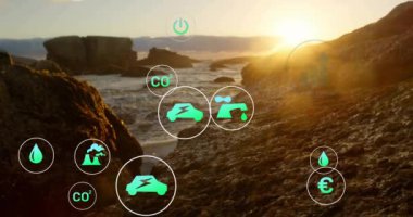 Deniz manzarası üzerindeki ekolojik simge ağının animasyonu. Küresel çevre, bağlantılar, hesaplama ve veri işleme kavramı dijital olarak oluşturulmuş video.