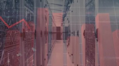 Bilgisayar sunucuları üzerinde dijital veri işleme animasyonu. Dijital olarak oluşturulmuş küresel bağlantılar, hesaplama ve veri işleme kavramı.