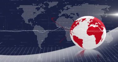 Mavi zemin üzerinde dünya haritasının animasyonu. Küresel teknoloji ve dijital arayüz konsepti dijital olarak oluşturulmuş video.