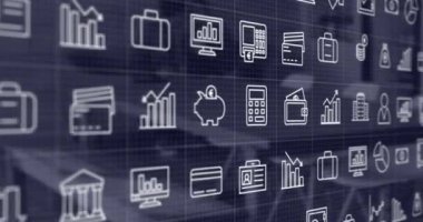 Ofisteki boş odanın üzerinde iş simgelerinin canlandırılması. Küresel iş, finans, bilgisayar ve dijital arayüz kavramı dijital olarak oluşturulmuş video.