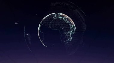 Sütunların üzerinde küre ve veri işleme animasyonları. Küresel teknoloji ve dijital arayüz konsepti dijital olarak oluşturulmuş video.