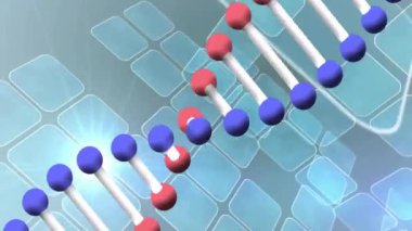 Gri arkaplandaki mavi karelerin üzerindeki DNA ipliklerinin animasyonu. Küresel teknoloji, bilim ve dijital arayüz kavramı dijital olarak oluşturulmuş video.