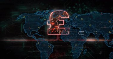 Pound işaretinin animasyonu, dünya haritası ve devre kartı üzerinde dijital veri işleme. Dijital olarak oluşturulmuş küresel bağlantılar, hesaplama ve veri işleme kavramı.