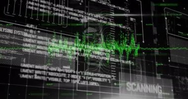 Siyah arkaplan üzerinde metin ve dijital veri işleme animasyonu. Dijital olarak oluşturulmuş küresel bağlantılar, hesaplama ve veri işleme kavramı.