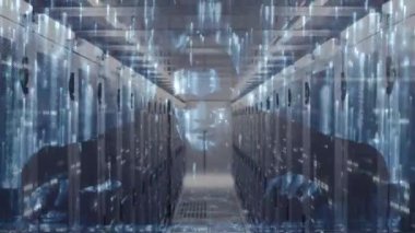 Beyaz erkek hackerın sunucu odasındaki ışık noktalarının animasyonu. Teknoloji ve dijital arayüz kavramı dijital olarak oluşturuldu.