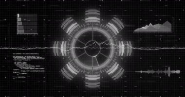 Siyah arkaplanda tarama yaparak veri işleme animasyonu. Küresel teknoloji, bilgisayar, çevrimiçi güvenlik ve dijital arayüz kavramı dijital olarak oluşturulmuş video.