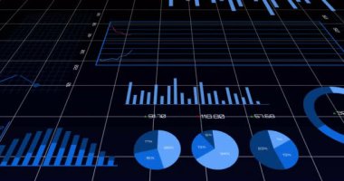 Karanlık arka planda finansal veri işleme animasyonu. Küresel finans, iş, bağlantılar, hesaplama ve veri işleme kavramı dijital olarak oluşturulmuş video.
