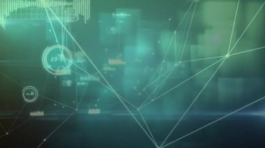 Karanlık arkaplan üzerindeki simgelerle bağlantı ağının animasyonu. Dijital olarak oluşturulmuş küresel bağlantılar, hesaplama ve veri işleme kavramı.