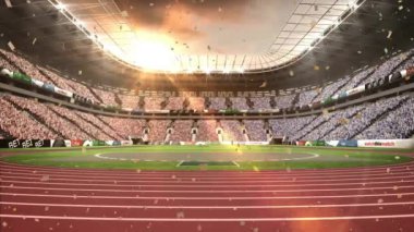 Spor stadyumunun üzerine düşen konfeti animasyonu. Küresel spor ve dijital arayüz kavramı dijital olarak oluşturulmuş video.