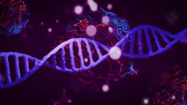 Siyah zemin üzerinde yüzen moleküllerin ve DNA iplikçiklerinin canlandırılması. Bilim ve dijital arayüz kavramı dijital olarak oluşturulmuş video.