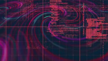 Siyah arkaplandaki renkli çizgiler üzerinden veri işleme animasyonu. Küresel teknoloji, bilgisayar ve dijital arayüz kavramı dijital olarak oluşturulmuş video.