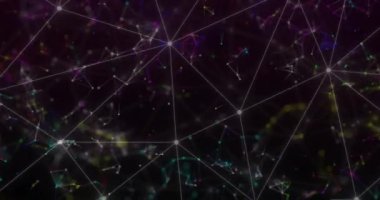 Siyah arkaplan üzerindeki bağlantı ağının animasyonu. Dijital olarak oluşturulmuş küresel bağlantılar, hesaplama ve veri işleme kavramı.