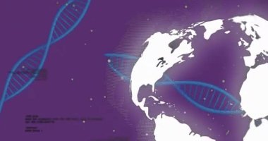 DNA iplikçikleri, dünya ve veri işleme animasyonları. Küresel bilim, bağlantılar, hesaplama ve veri işleme kavramı dijital olarak oluşturulmuş video.
