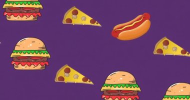 Mor arka planda abur cubur simgelerinin hareketinin animasyonu. Kutlama, yiyecek ve dijital arayüz konsepti dijital olarak oluşturulmuş video.