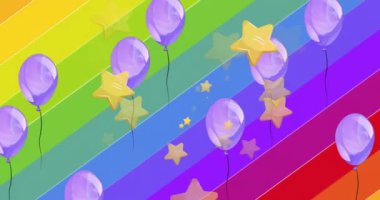 Gökkuşağı arka planında yüzen yıldızların ve balonların gurur metninin üzerinde canlandırması. Renkler, gurur, kutlama ve dijital arayüz konsepti dijital olarak oluşturulmuş video.