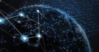 Işık noktalı kürelerin animasyonu ve siyah arkaplanda bağlantı ağı. Küresel teknoloji, bağlantılar, hesaplama ve dijital arayüz kavramı dijital olarak oluşturulmuş video.