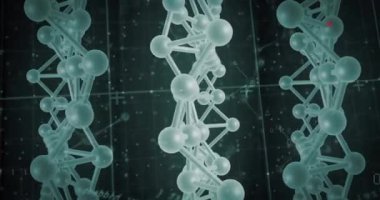 DNA iplikçiklerinin üzerindeki moleküllerle veri işleme animasyonu. Küresel bilim, bilgisayar ve dijital arayüz kavramı dijital olarak oluşturulmuş video.
