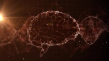 Karanlık arka planda dönen insan beyni ve DNA iplikçiklerinin canlandırması. Küresel bilim, bağlantılar, hesaplama ve veri işleme kavramı dijital olarak oluşturulmuş video.