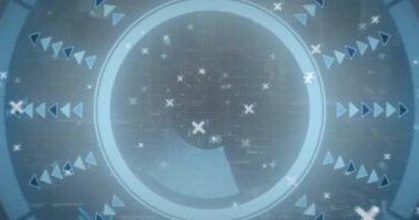 Şehir manzarası üzerinde veri işleme ile tarama alanının animasyonu. Küresel teknoloji, bilgisayar ve dijital arayüz kavramı dijital olarak oluşturulmuş video.