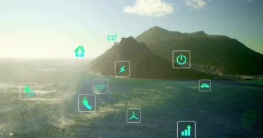 Deniz manzarası üzerindeki ekolojik simge ağının animasyonu. Küresel çevre, bağlantılar, hesaplama ve veri işleme kavramı dijital olarak oluşturulmuş video.