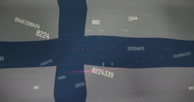 Finlandiya bayrağı üzerinde finansal veri işleme animasyonu. Dijital olarak oluşturulan küresel finansman, bilgisayar ve dijital arayüz kavramı.