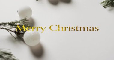 Noel ağacı dalları ve beyaz arka planda takılar eşliğinde altınla yazılmış mutlu noel mesajları. Noel, gelenek, selamlar ve dijital olarak oluşturulan video kutlaması.
