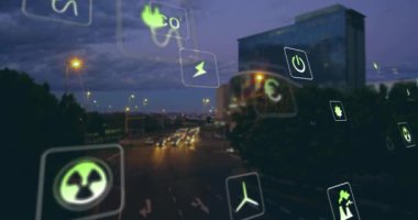 Şehir manzarası üzerinde ekolojik simge ağının animasyonu. Küresel çevre, bağlantılar, hesaplama ve veri işleme kavramı dijital olarak oluşturulmuş video.