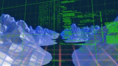 Siyah zemin üzerinde dijital dağların üzerinde veri işleme animasyonu. Küresel teknoloji, bilgisayar ve dijital arayüz kavramı dijital olarak oluşturulmuş video.