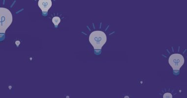 Mavi arkaplanda hareket eden ampul simgelerinin canlandırması. Sosyal medya ve dijital arayüz konsepti dijital olarak oluşturulmuş video.