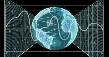 Siyah arkaplan üzerindeki küresel ağ ve veri arayüzü ekranlarının resmi. Ağ, veri, dijital arayüz ve küresel iletişim, dijital olarak oluşturulmuş resim.