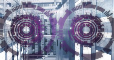 Bilgisayar sunucuları üzerinden veri işleme dürbünü görüntüsü. Küresel finans, iş, bağlantılar, hesaplama ve veri işleme kavramı dijital olarak oluşturuldu.