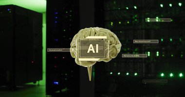 Image of ai text, brain and data processing over computer servers. Global artificial intelligence, connections, computing and data processing concept digitally generated image. clipart