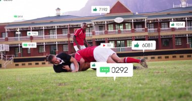 Çeşitli ragbi oyuncuları üzerinde simge ve veri işleme resmi. Küresel spor, rekabet, bağlantılar, hesaplama ve veri işleme kavramı dijital olarak oluşturuldu.