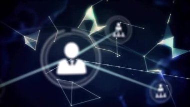 Siyah arkaplandaki simgelerle küresel ve bağlantı ağının animasyonu. Küresel teknoloji ve dijital arayüz konsepti dijital olarak oluşturulmuş video.