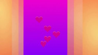 Mor arka planda hareket eden canlı pembe kalplerin animasyonu. Aşk, renk, desen, şekil ve hareket kavramı dijital olarak oluşturulmuş video.